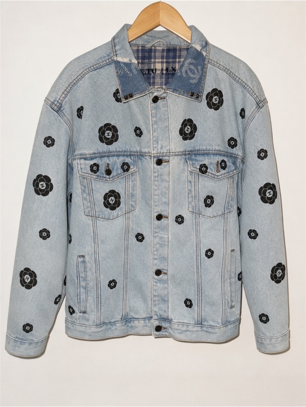 Chanel Upcycled Oversized Denim Light Wash Denim Jacket Black Floral Prints XL